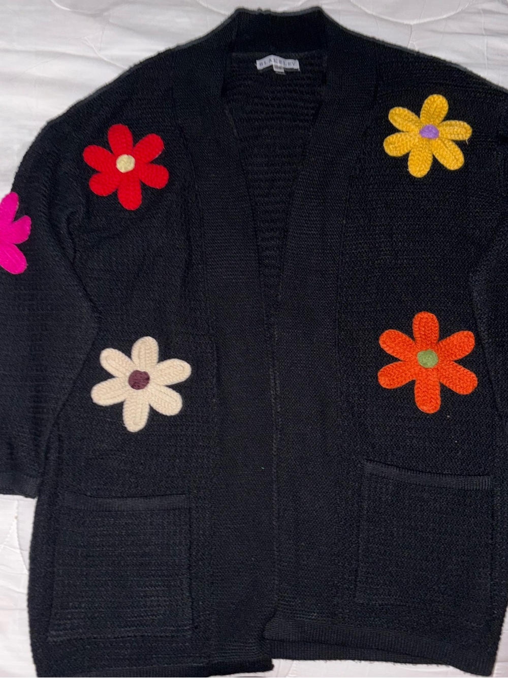 Black Open-Front Cardigan with Colorful Floral Appliqués
